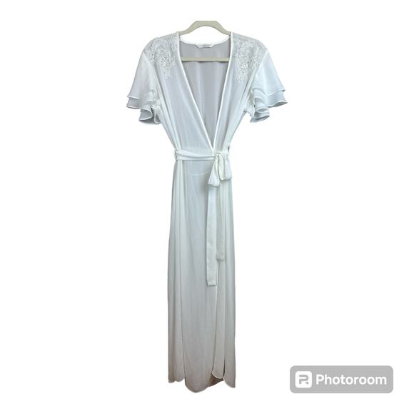 Flora Peignoir S/M White Crochet Lace Flutter Cap Sleeve Sheer Long Belt Bride - Picture 1 of 7
